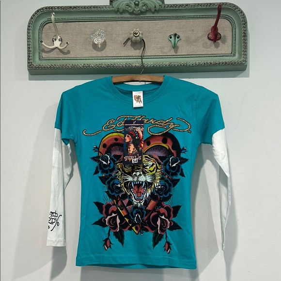 New Y2K Ed Hardy Blue /White Long Sleeve layer look Tee size 5/6 girls fall top - Picture 1 of 5